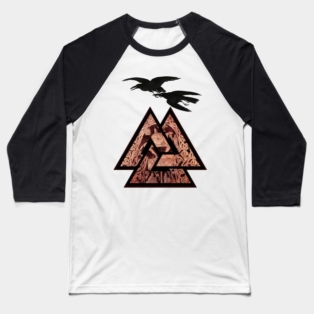 VALKNUT VIKING SYMBOL,ODIN HORSEBACK AND TWO RAVENS FLYING Baseball T-Shirt by BulganLumini